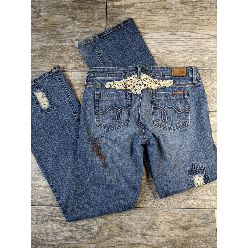 Hint Jeans Junior Size 7 Low Rise Boot Cut Distressed Embroidered Vintage